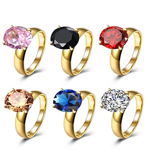 Good dress-ring Anillo de Mujer Pop Dance Zircon Oval Flat Ring Anillos de Acero de Titanio Anillos de Diamante Elíptica Simple de Mujer, Oro y Rojo, 7