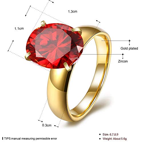 Good dress-ring Anillo de Mujer Pop Dance Zircon Oval Flat Ring Anillos de Acero de Titanio Anillos de Diamante Elíptica Simple de Mujer, Oro y Rojo, 7