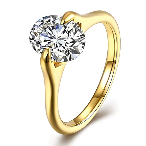 Good dress-ring Anillo de Mujer Pop Dance Zircon Oval Flat Ring Anillos de Acero de Titanio Anillos de Diamante Elíptica Simple de Mujer, Transparente/Color Dorado, 7
