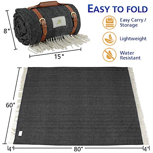 Good Gain Manta de Picnic de Lana Premium con Respaldo Impermeable y Mango de PU, alfombras de Camping Extra Grandes de 80 x 60 Negras para Viajes al Aire Libre Senderismo Familiar. el Negro