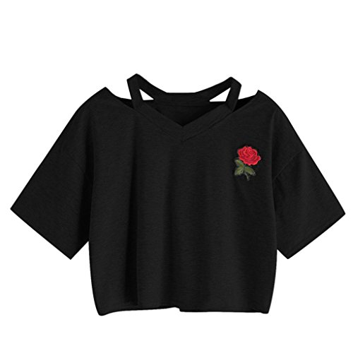Goodsatar Mujer Rosa Manga corta Casual Camiseta Mezcla de algodón Cuello en V Chaleco Tops Blusa (S, Negro)