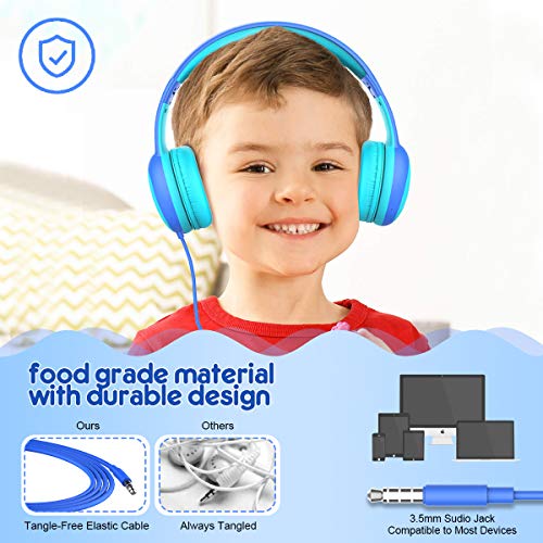 Gorsun Auriculares para niños, Volumen Limitado en el oído Auriculares para niños con Conector de Audio de 3.5 mm para niñas y niños, Auriculares con Cable Ajustable y Plegable (Azul)