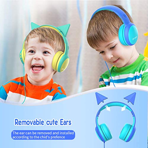 Gorsun Auriculares para niños, Volumen Limitado en el oído Auriculares para niños con Conector de Audio de 3.5 mm para niñas y niños, Auriculares con Cable Ajustable y Plegable (Azul)