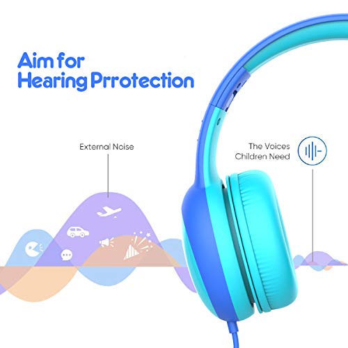 Gorsun Auriculares para niños, Volumen Limitado en el oído Auriculares para niños con Conector de Audio de 3.5 mm para niñas y niños, Auriculares con Cable Ajustable y Plegable (Azul)