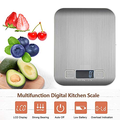 GPISEN Báscula Digitales de Precisión 5 kg/11 lbs,pesar Frutas,Granos,Carne u otro Líquido Báscula de Joyería,con Pantalla LCD,Plataforma de Acero Inoxidable,Función de Tara-Baterías Incluidas