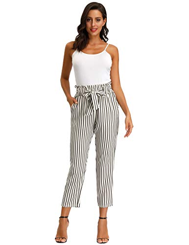GRACE KARIN Mujer Pantalón de Rayas con Cinturón Desmontable para Oficina XL Blanco GRACE KARIN Mujer Pantalón de Rayas con Cinturón Desmontable para Oficina XL Blanco