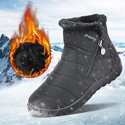 gracosy Botas de Mujer 2020 Otoño Invierno Goma Encaje Forro de Piel Punta Redonda Botas de Nieve Zapatos de Trabajo Formal Calzado Antideslizante Ligero Botines Que Caminan