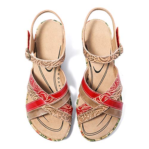 gracosy Sandalias Cuero Verano Mujer Estilo Bohemia Zapatos de Tacón Medio para Mujer de Dedo Cuña Sandalias Talla Grande Chanclas Romanas de Mujer Gris Rojo Azul Hecho a Mano Los Zapatos 2019