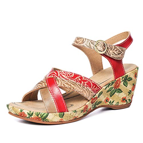 gracosy Sandalias Cuero Verano Mujer Estilo Bohemia Zapatos de Tacón Medio para Mujer de Dedo Cuña Sandalias Talla Grande Chanclas Romanas de Mujer Gris Rojo Azul Hecho a Mano Los Zapatos 2019