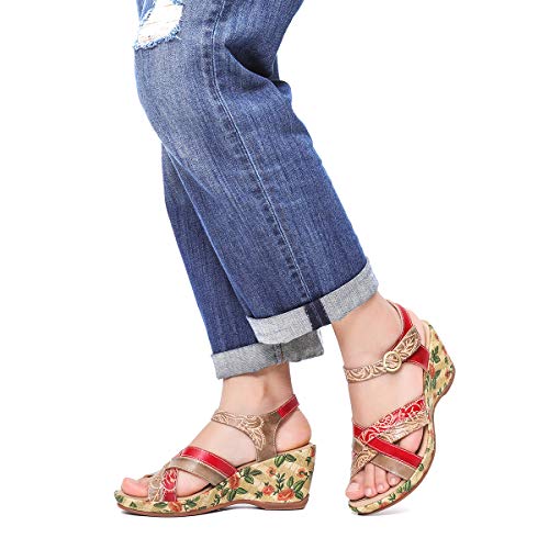 gracosy Sandalias Cuero Verano Mujer Estilo Bohemia Zapatos de Tacón Medio para Mujer de Dedo Cuña Sandalias Talla Grande Chanclas Romanas de Mujer Gris Rojo Azul Hecho a Mano Los Zapatos 2019