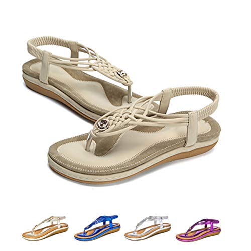 gracosy Sandalias Planas Verano Mujer Estilo Bohemia Zapatos de Dedo Sandalias Talla Grande Cinta Casuales Playa Chanclas Romanas de Mujer 2020 Azul Negro Moda