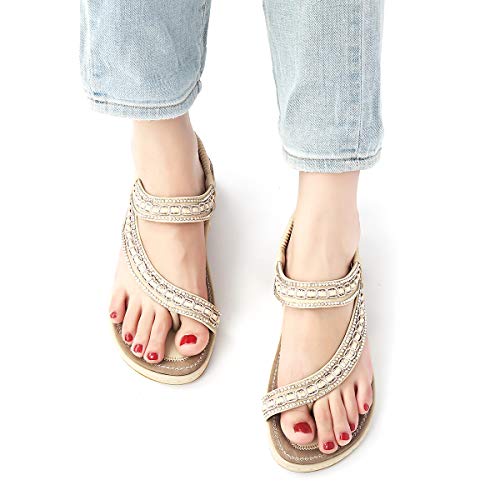 gracosy Sandalias Planas Verano Mujer Estilo Bohemia Zapatos para Mujer de Dedo Sandalias Talla Grande Cinta Elástica Casuales de Playa Chanclas Romanas de Mujer 2020 Rhinestone de Moda