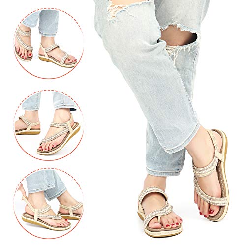 gracosy Sandalias Planas Verano Mujer Estilo Bohemia Zapatos para Mujer de Dedo Sandalias Talla Grande Cinta Elástica Casuales de Playa Chanclas Romanas de Mujer 2020 Rhinestone de Moda