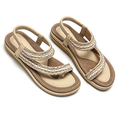 gracosy Sandalias Planas Verano Mujer Estilo Bohemia Zapatos para Mujer de Dedo Sandalias Talla Grande Cinta Elástica Casuales de Playa Chanclas Romanas de Mujer 2020 Rhinestone de Moda