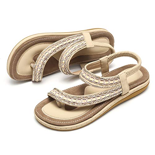 gracosy Sandalias Planas Verano Mujer Estilo Bohemia Zapatos para Mujer de Dedo Sandalias Talla Grande Cinta Elástica Casuales de Playa Chanclas Romanas de Mujer 2020 Rhinestone de Moda