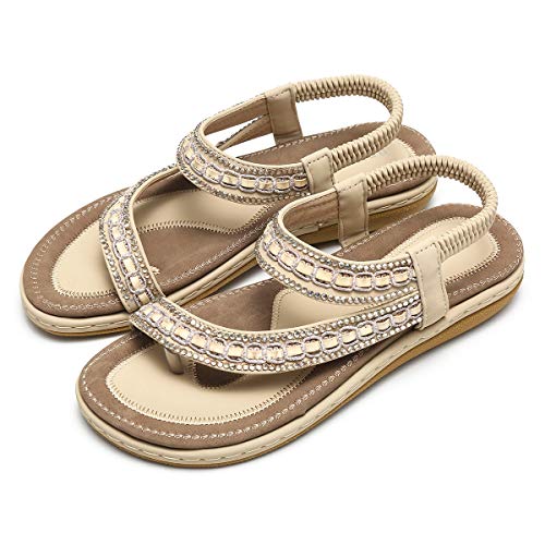 gracosy Sandalias Planas Verano Mujer Estilo Bohemia Zapatos para Mujer de Dedo Sandalias Talla Grande Cinta Elástica Casuales de Playa Chanclas Romanas de Mujer 2020 Rhinestone de Moda