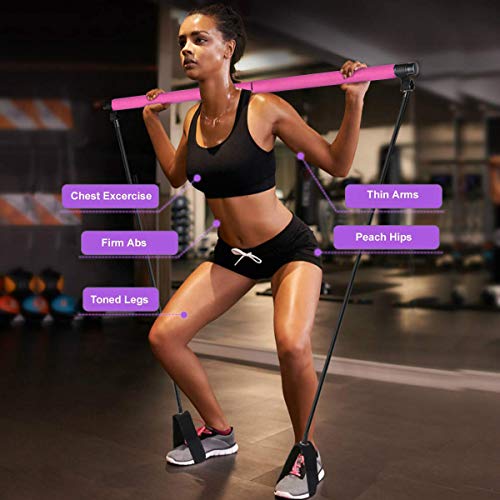 GrandEver Kit de Barra de Pilates portátil con Banda de Resistencia, Barra de Ejercicio de Yoga Pilates Stick Yoga con Bucle de pie para Entrenamiento de Cuerpo Completo, fácil de Usar.