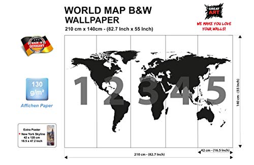 GREAT ART Mural de Pared – Mapa Mundial en Blanco y Negro – Mapa Continentes Mapa del Mundo Globo Tierra Geografía Mundial Foto Papel Pintado Y Tapiz Y Decoración (210 x 140 cm)