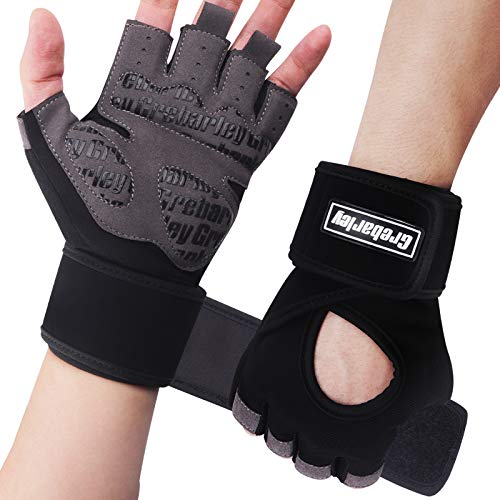 Grebarley Guantes de Gimnasio, Guantes de Levantamiento de Pesas con Correa de Soporte de Muñeca de 48-56 cm, Guantes Deportivos Transpirables, Guantes de Fitness para Hombre/Mujer(Negro, XL)