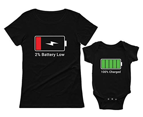Green Turtle Ropa Mama Bebe, Regalo Mama Primeriza - Battery Charge Set Camiseta Mujer y Body bebé Mamá Negro Medium/Bebé Negro 3-6 Mes