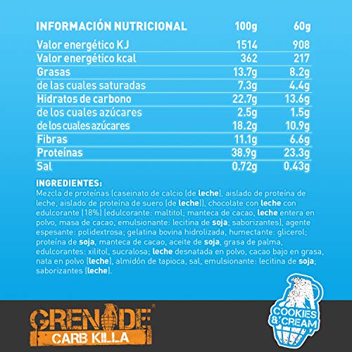 GRENADE Carb Killa High Protein and Low Carb Barra Sabor Cookies and Cream - 12 Unidades