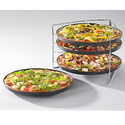 Grizzly Juego de bandejas para pizza de 4 unidades y 1 x Rejilla porta platos - Antiadherente
