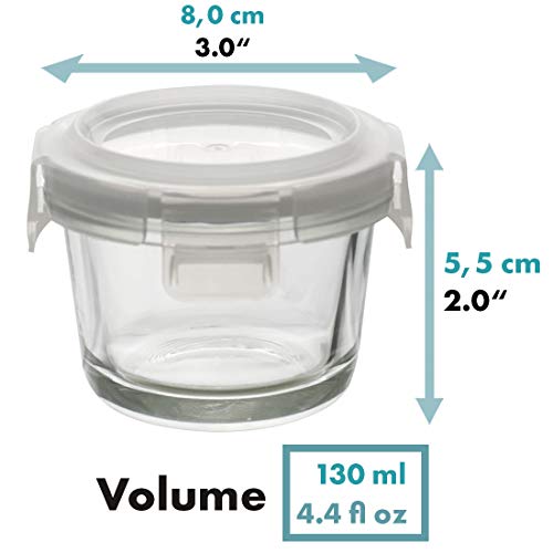 GRIZZLY Recipientes de vidrio para almacenamiento de alimentos para bebés - Mini platos a prueba de horno con tapas - 6 x 130 ml Redondo - Hermético al aire y a los líquidos