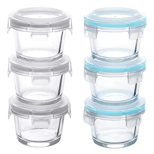 GRIZZLY Recipientes de vidrio para almacenamiento de alimentos para bebés - Mini platos a prueba de horno con tapas - 6 x 130 ml Redondo - Hermético al aire y a los líquidos