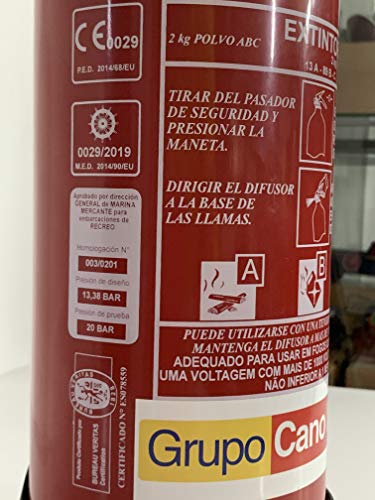 Grupo Cano Lopera | Extintor Universal Polvo Seco ABC con Capacidad de 2 Kg | Homologado | Eficacia 13A - 89B | Útil para Barcos - Casa - Caravana - Moto - Quad - Tractor | Incluye soporte