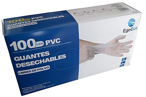 Guantes desechables de pvc 100 unidades (sin látex) - guantes transparentes para limpieza, tatuador, cocina. 100 unidades por caja guantes PVC sin polvo (L)