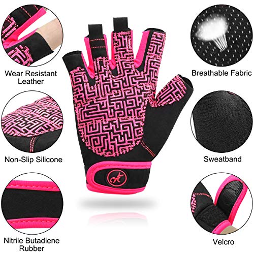 Guantes Gimnasio Hombre Mujer, HNOOM Guantes Pesas, Gym Guantes Fitness Transpirable con Protección Palma, Antideslizante Guantes Crossfit para Levantamiento de Pesas, Musculación, Fitness (Rosado, S)