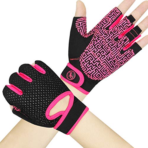 Guantes Gimnasio Hombre Mujer, HNOOM Guantes Pesas, Gym Guantes Fitness Transpirable con Protección Palma, Antideslizante Guantes Crossfit para Levantamiento de Pesas, Musculación, Fitness (Rosado, S)