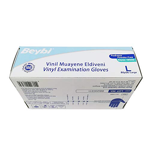 Guantes Vinilo RV05 100pc/Caja -Beybi Blanco (1, TALLA S).Sin polvo libre de látex, gran elasticidad, cómodos. Resistente. Guantes para limpieza, alimentación.etc