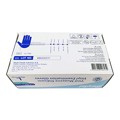 Guantes Vinilo RV05 100pc/Caja -Beybi Blanco (1, TALLA S).Sin polvo libre de látex, gran elasticidad, cómodos. Resistente. Guantes para limpieza, alimentación.etc