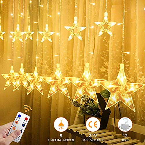 Guirnaldas Luminosas Estrellas Cortina Luces, 138 Leds Telones de Hogar, Led Cortina Cadena Luces Con Control Remoto Para El Balcón, Ventana, Pared, Escaparate, Boda, Fiesta, Blanco Cálido