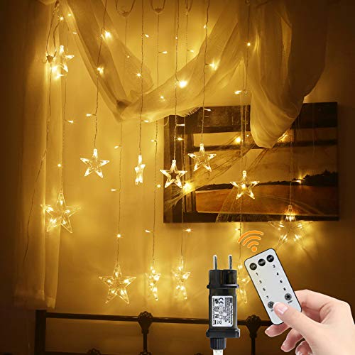 Guirnaldas Luminosas Estrellas Cortina Luces, 138 Leds Telones de Hogar, Led Cortina Cadena Luces Con Control Remoto Para El Balcón, Ventana, Pared, Escaparate, Boda, Fiesta, Blanco Cálido