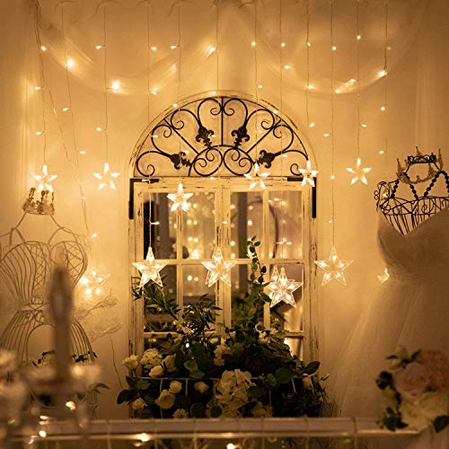 Guirnaldas Luminosas Estrellas Cortina Luces, 138 Leds Telones de Hogar, Led Cortina Cadena Luces Con Control Remoto Para El Balcón, Ventana, Pared, Escaparate, Boda, Fiesta, Blanco Cálido