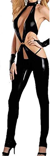 GWQDJ Pantalones De Mono De Cuero Negro Club Nocturno Abierto Ropa De Baile En Barra Ropa De Fiesta De Bar Vestido Sexy,L