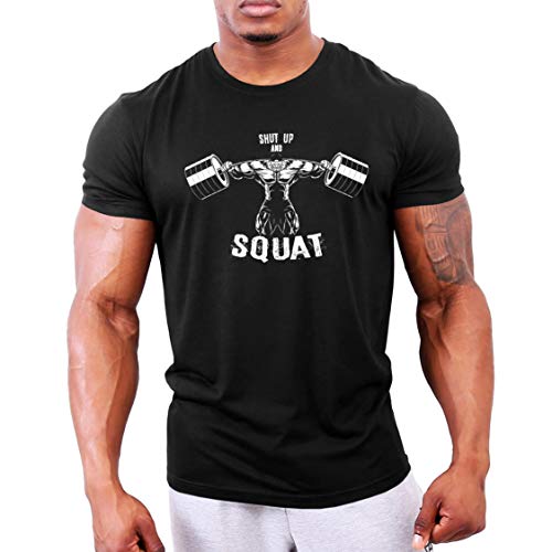 GYMTIER Camiseta Culturismo Hombre - Shut Up and Squat BB - Top Entrenamiento Gimnasio