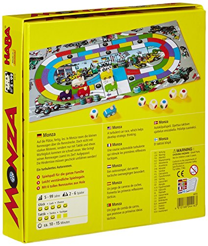 HABA HABA-302247 Monza - ESP (302247), Juego de Mesa de Dados, con una turbulenta Carrera de Coches para 2-6 niños de 5 años, para Aprender los Colores, Multicolor (4416)