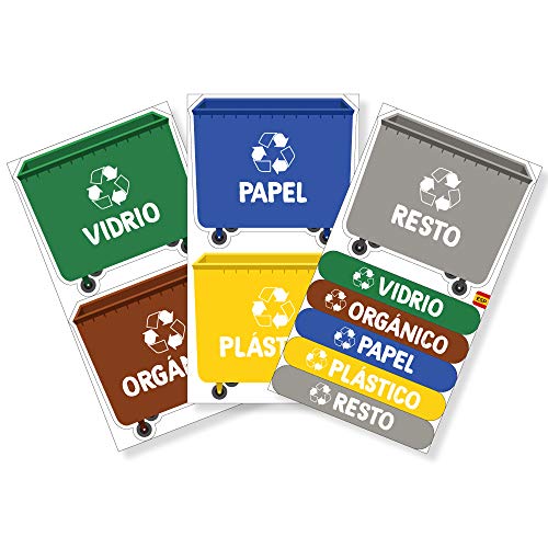 Haberdashery Online 5 Etiquetas Adhesivas para Reciclaje Basura. Pegatinas para la gestión de residuos. Cada una de 9,4 x 8,4 cm. Resistentes al Agua. (XL)