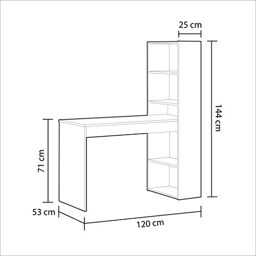 Habitdesign 008314A - Escritorio y estantería reversible, mesa de oficina o escritorio acabada en color Blanco, medidas: 144 x 120 x 53 cm