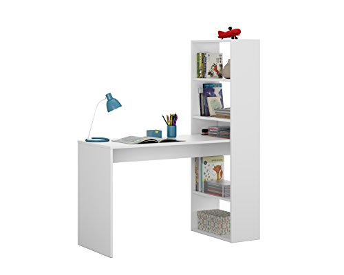 Habitdesign 008314A - Escritorio y estantería reversible, mesa de oficina o escritorio acabada en color Blanco, medidas: 144 x 120 x 53 cm