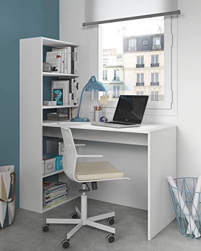 Habitdesign 008314A - Escritorio y estantería reversible, mesa de oficina o estudio acabada en color Blanco, 144 x 120 x 53 cm