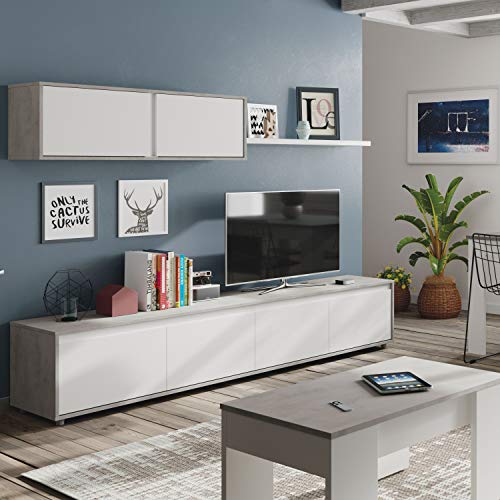 Habitdesign 016663L - Mueble de salón Moderno, modulos Comedor Alida, Medidas: 43 cm de Altura x 200 cm de Ancho x 41 cm de Fondo (Blanco Artik y Gris Cemento)