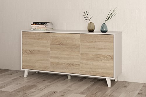 Habitdesign Aparador, Buffet, Salón Comedor 3 Puertas, Modelo Zaiken Plus, Color Blanco Brillo y Roble Canadian, Medidas: 154 cm (Ancho) x 75 cm (Alto) x 41 cm (Fondo) Habitdesign Aparador, Buffet, Salón Comedor 3 Puertas, Modelo Zaiken Plus, Color Blanco Brillo y Roble Canadian, Medidas: 154 cm (Ancho) x 75 cm (Alto) x 41 cm (Fondo)