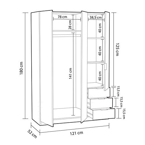 Habitdesign Armario Ropero de Tres Puertas y Tres Cajones, Acabado en Color Blanco Artik, Medidas: 121 cm (Ancho) x 180 cm (Alto) x 52 cm (Fondo)