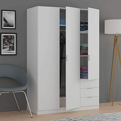 Habitdesign Armario Ropero de Tres Puertas y Tres Cajones, Acabado en Color Blanco Artik, Medidas: 121 cm (Ancho) x 180 cm (Alto) x 52 cm (Fondo) Habitdesign Armario Ropero de Tres Puertas y Tres Cajones, Acabado en Color Blanco Artik, Medidas: 121 cm (Ancho) x 180 cm (Alto) x 52 cm (Fondo)