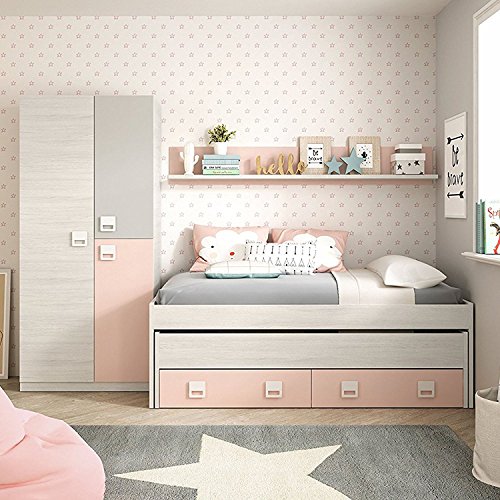 Habitdesign Cama Nido + 2 cajones y Estante, Cama Juvenil, Modelo Nube, Acabado en Color Blanco Alpes y Rosa Pastel, Medidas: 199 cm (Ancho) x 96 cm (Fondo) x 69 cm (Alto) Habitdesign Cama Nido + 2 cajones y Estante, Cama Juvenil, Modelo Nube, Acabado en Color Blanco Alpes y Rosa Pastel, Medidas: 199 cm (Ancho) x 96 cm (Fondo) x 69 cm (Alto)