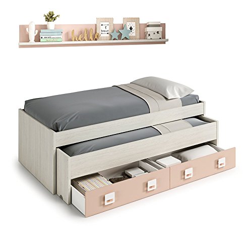 Habitdesign Cama Nido + 2 cajones y Estante, Cama Juvenil, Modelo Nube, Acabado en Color Blanco Alpes y Rosa Pastel, Medidas: 199 cm (Ancho) x 96 cm (Fondo) x 69 cm (Alto) Habitdesign Cama Nido + 2 cajones y Estante, Cama Juvenil, Modelo Nube, Acabado en Color Blanco Alpes y Rosa Pastel, Medidas: 199 cm (Ancho) x 96 cm (Fondo) x 69 cm (Alto)
